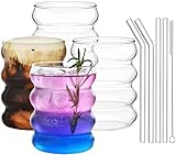 ALINK Gerippte Trinkgläser mit Glasstrohhalmen 4er Set, 350ml Eiskaffeegläser, Wave Gläser Tumbler, Wassergläser,Longdrinkgläser,Trinkgläser, für Cocktail,Wasser, Soda, Geschenk m