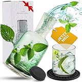 CASA.INARO® edle Glaskaraffe | Wasserkaraffe 1 Liter mit Glas | Wasserkrug | Tropfenfrei | Nachttisch [Karaffen Set mit Untersetzer & Deckel] Als Geschenk zum Geburtstag | Rauchglas grau/grü